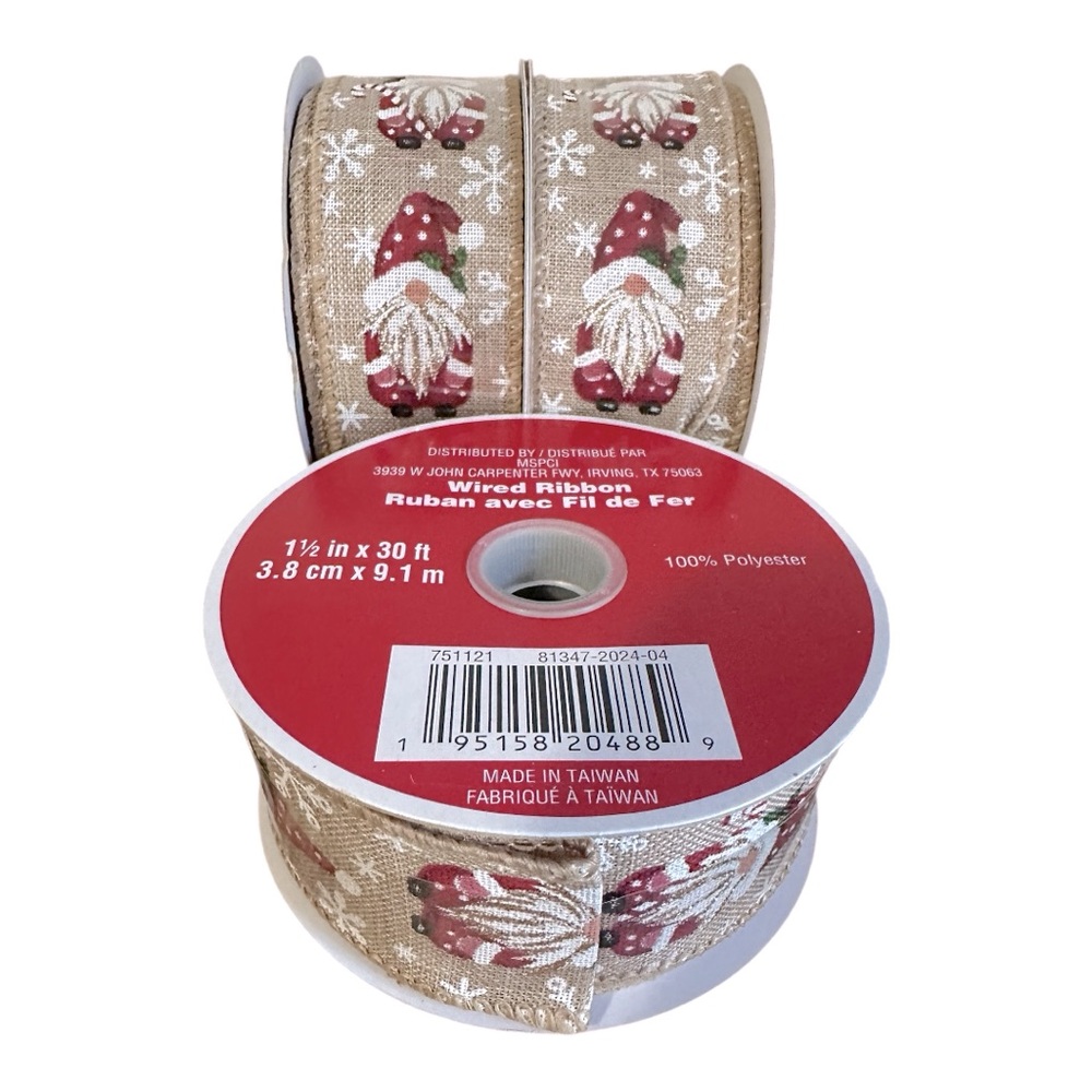 Gnome Christmas Wired Ribbon Bundle of 3 Rolls